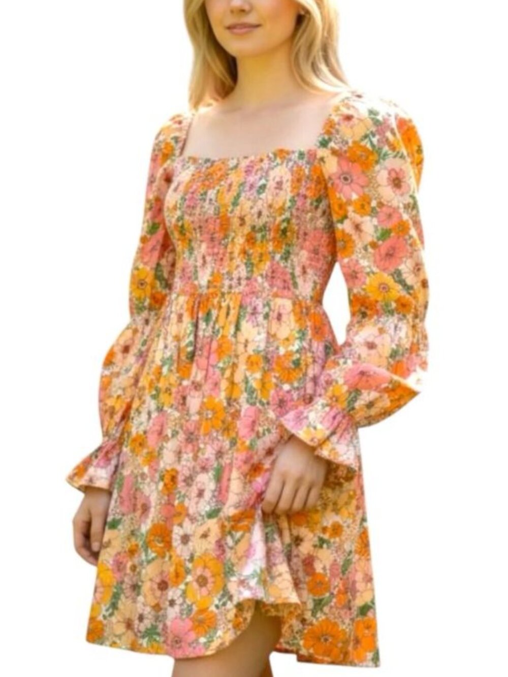 Gianni Bini Jade Floral Smocked Bodice Dress XS Puff Sleeve Square Neck Cottage